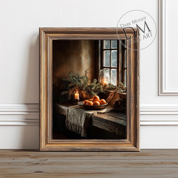 Rustic Christmas Still Life Oranges Candle Moody Vintage Poster