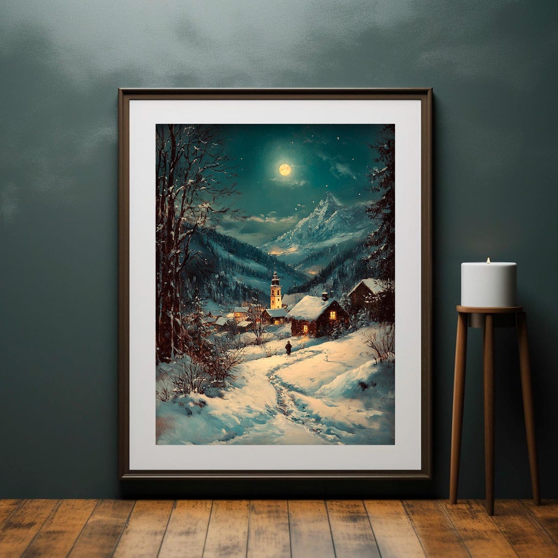 Moonlit Alpine Village With Church in Snowy Mountains Wall Art - Image 4
