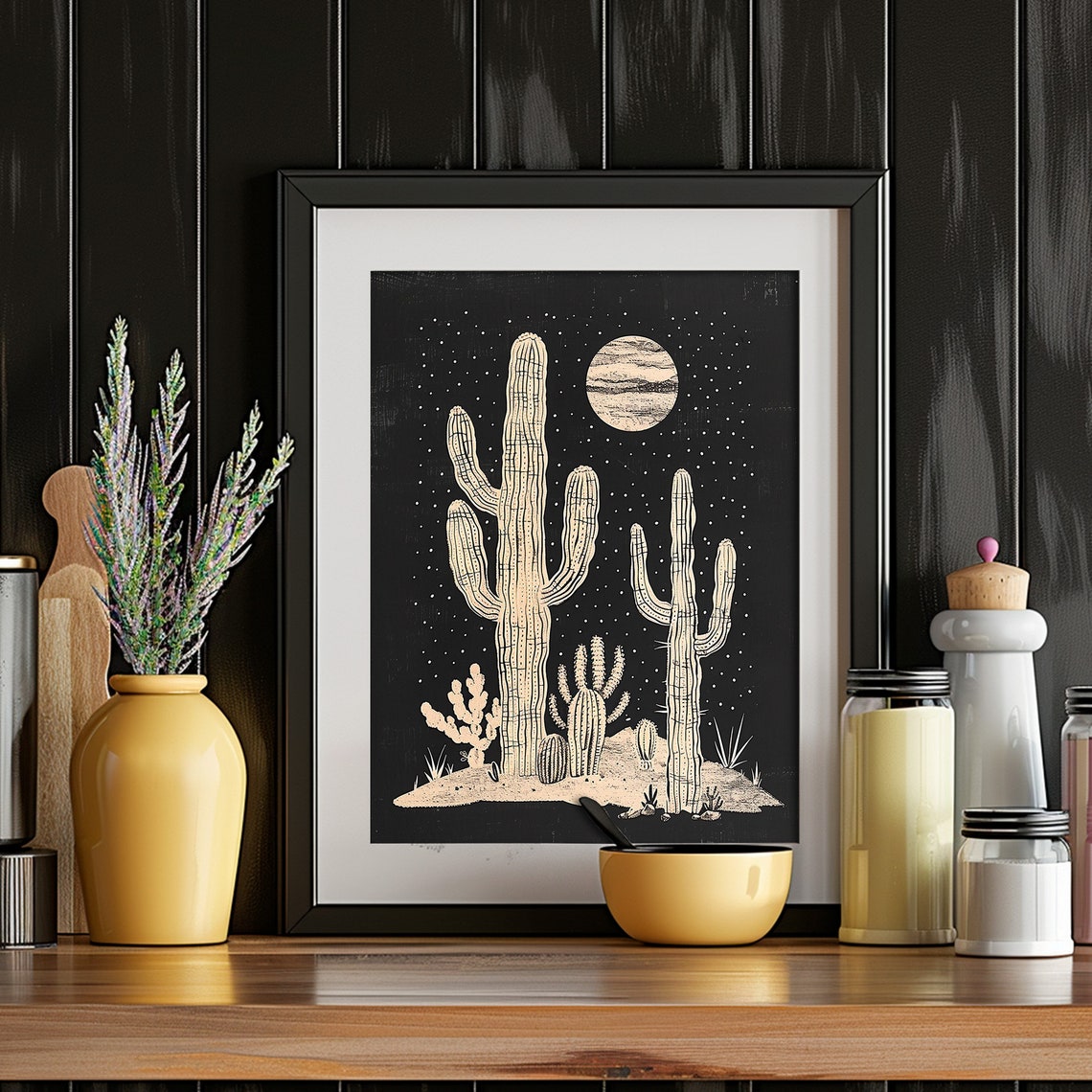 Saguaro Cactus Moon Night Line Art Black Background Desert Wall Art - Image 2