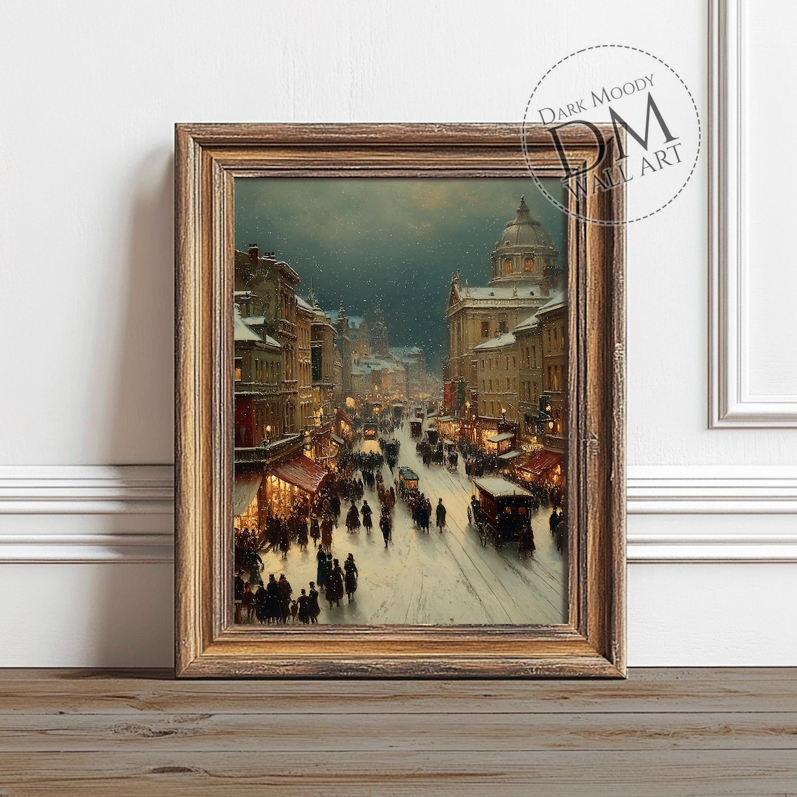 Busy Victorian City Street Snowy Shops Horse Trams Winter Poster