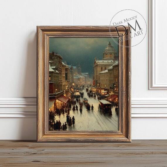Busy Victorian City Street Snowy Shops Horse Trams Winter Poster