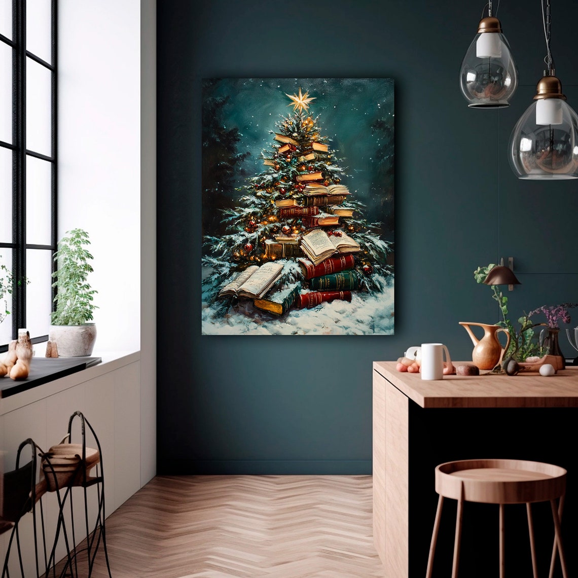 Book Stack Christmas Tree With Star Topper Snowy Night Print - Image 3