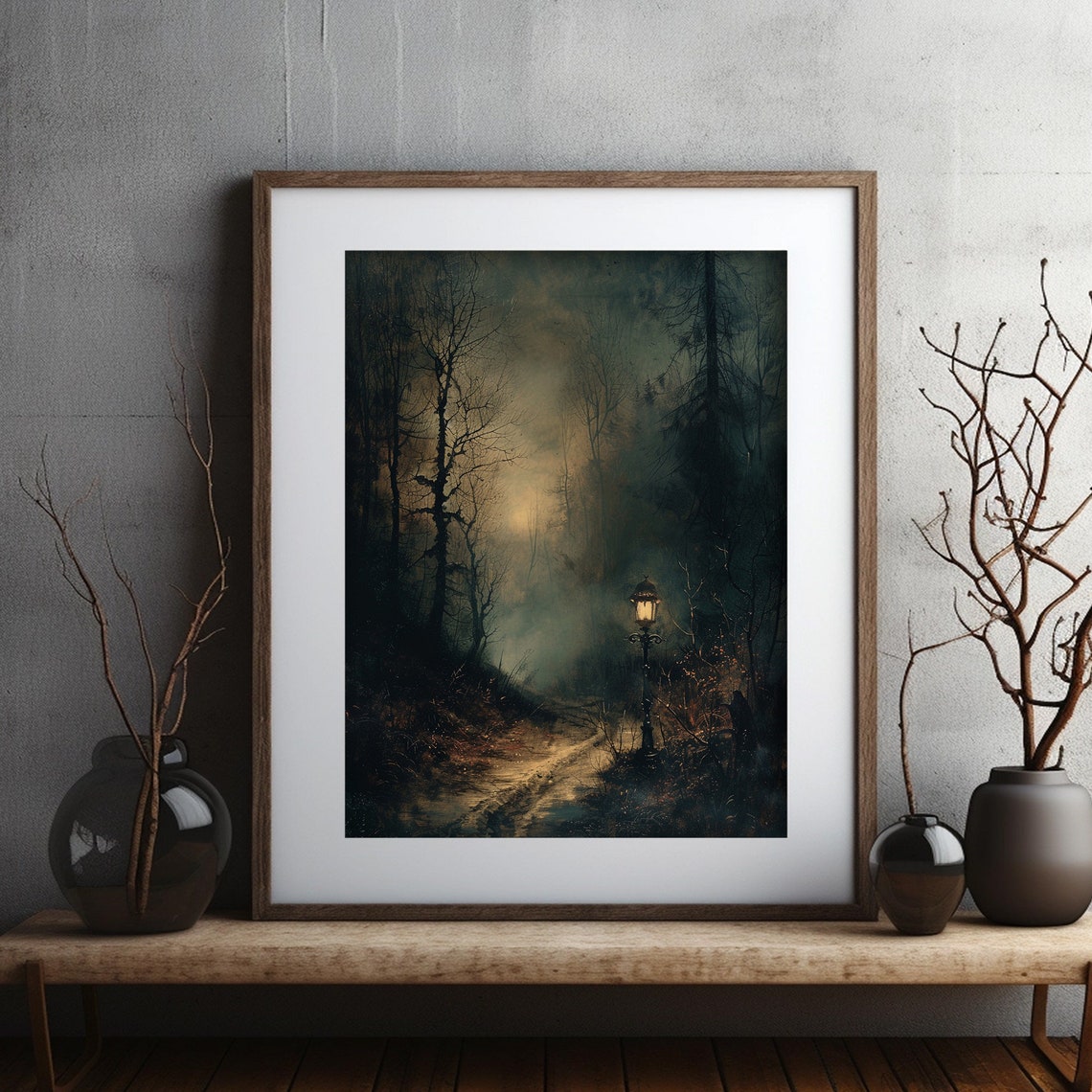 Foggy Forest Night Lantern Post Dark Moody Woods Painting Poster - Image 2