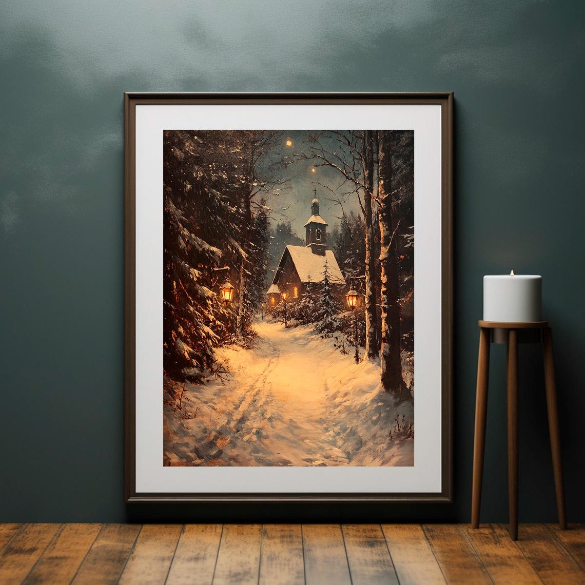 Snowy Chapel in the Woods Lantern Path Winter Painting Poster - Image 4