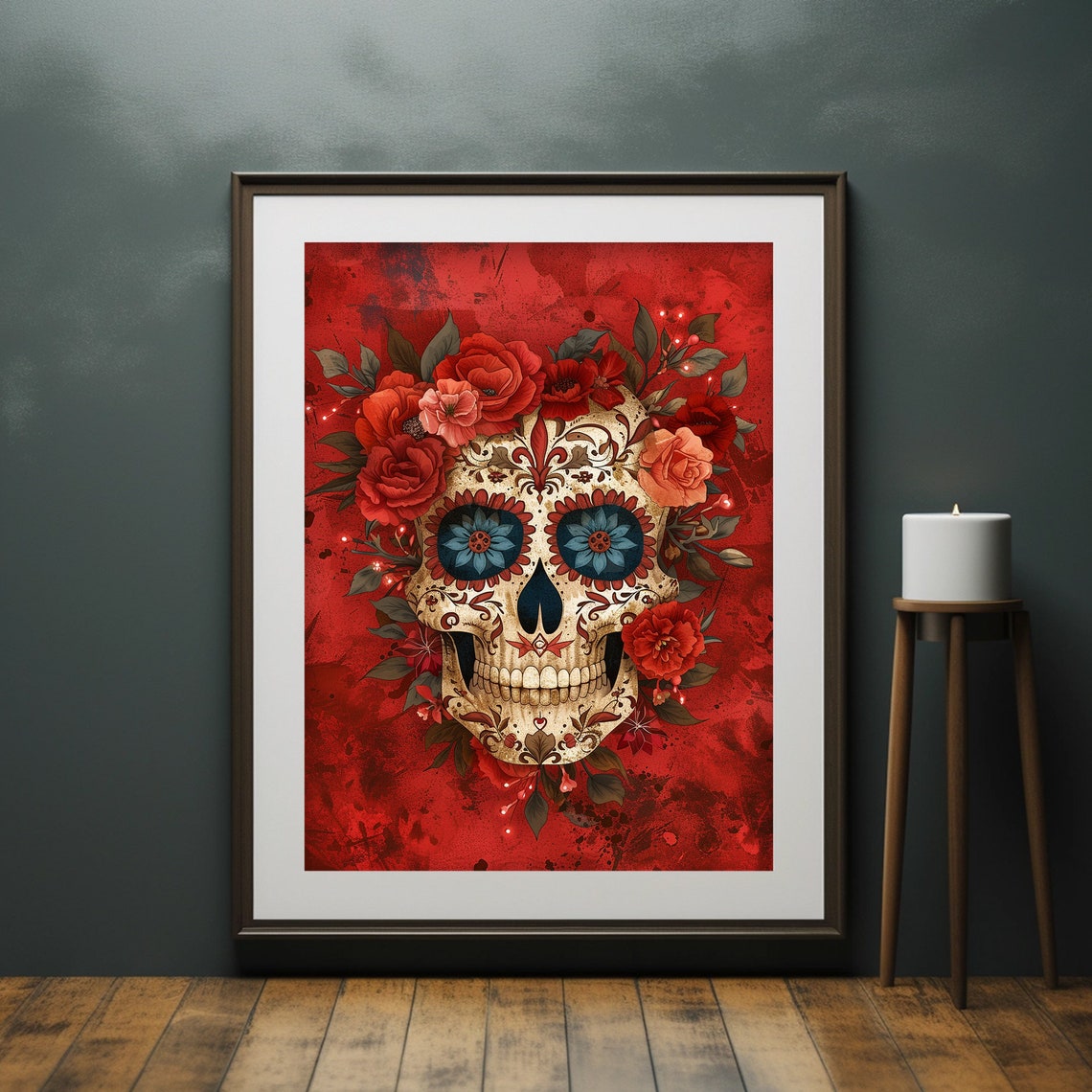 Red Floral Sugar Skull Dia De Los Muertos Mexican Folk Art Poster - Image 6
