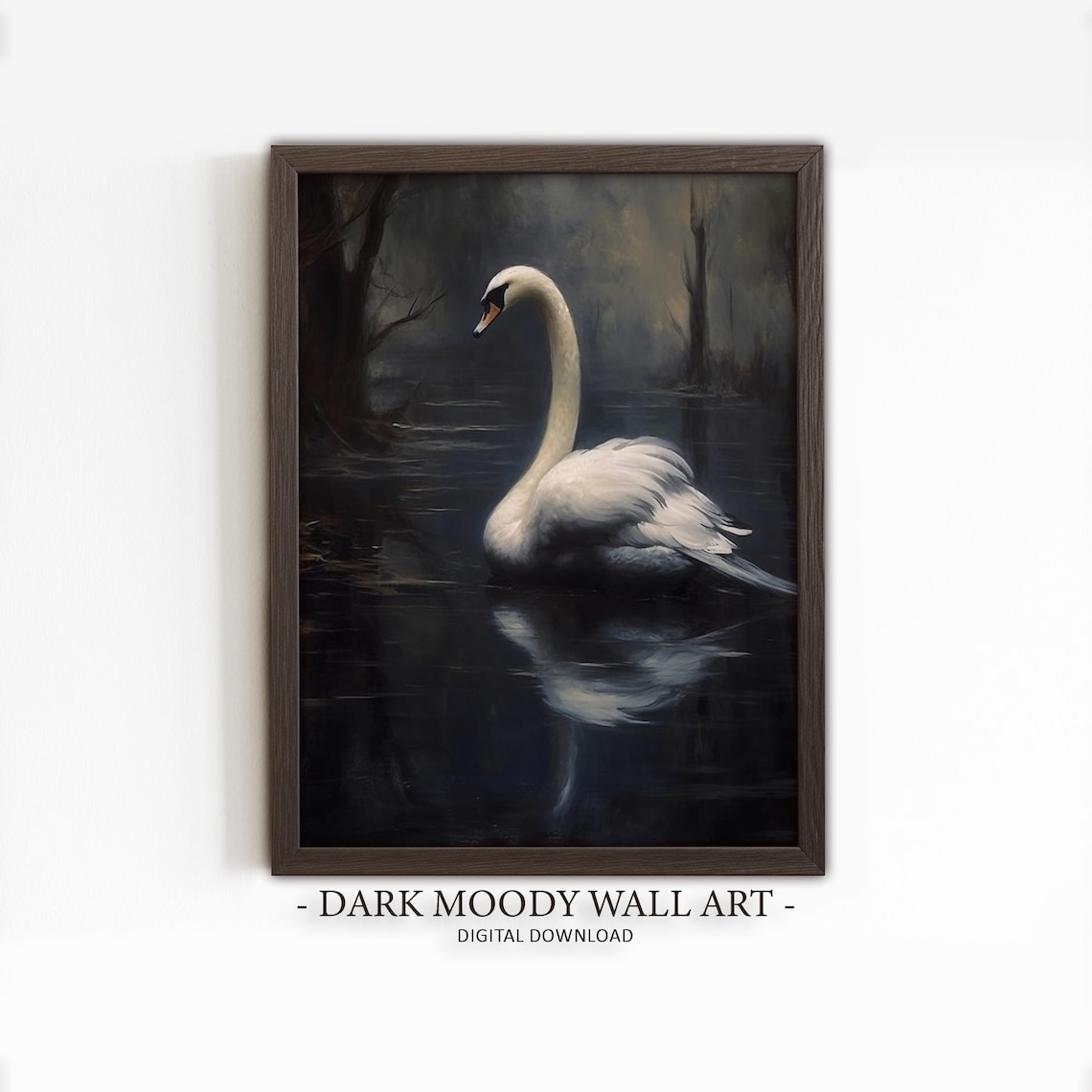 Antique White Swan Painting Dark Moody Wall Art Vintage Bird Print Dark Academia Decor Animal Oil Painting