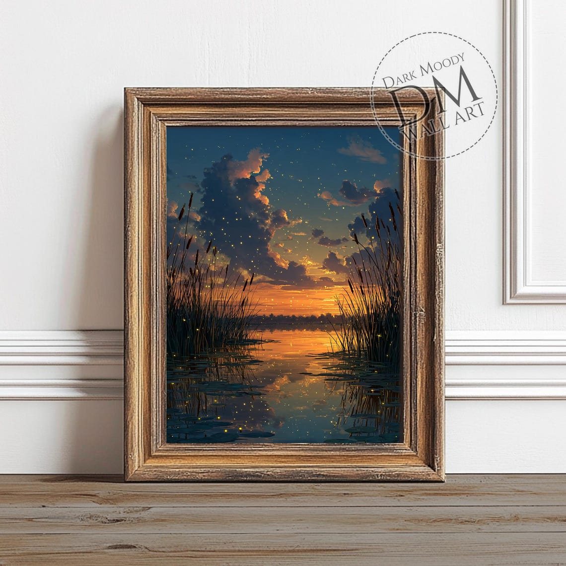 Sunset Lake Fireflies Water Reflection Moody Night Art Poster