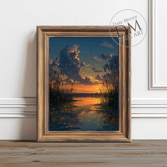 Sunset Lake Wall Art Firefly Water Reflection Moody Print