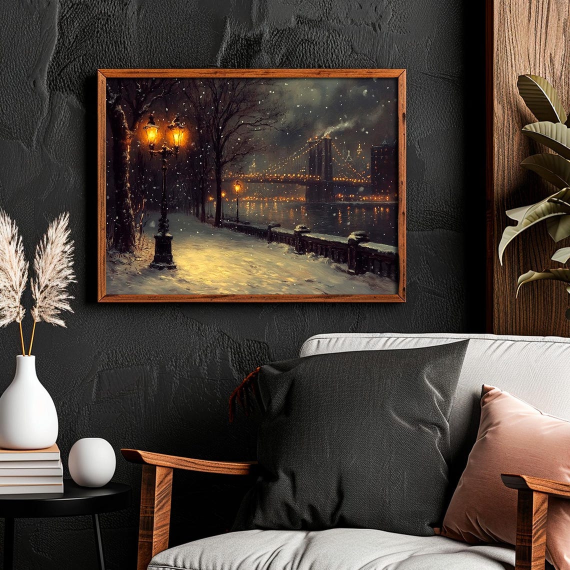 Snowy Park Path Vintage Lamppost Brooklyn Bridge Night Poster - Image 2