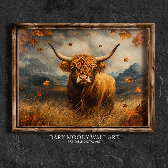 Fall Prints Fall Cow Highland Art Vintage Autumn Home Decor Rustic Fall Landscape Painting Moody Autumn Wall Art