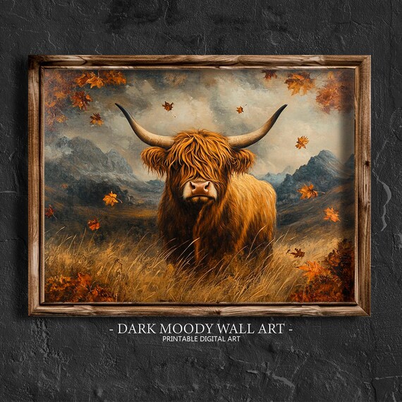 Highland Cow Autumn Mountains Rustic Farm Animal Portrait Wall Art