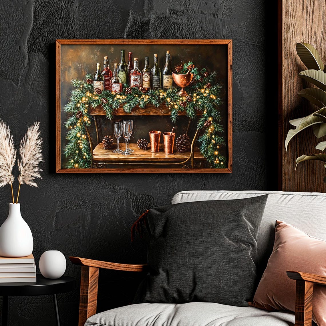 Festive Christmas Bar Cart With Wine Bottles and Copper Mugs Wall Art - Image 6