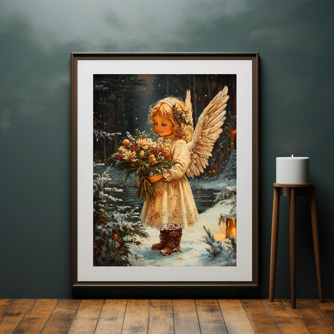 Angel Girl Holding Christmas Bouquet Snowy Forest Painting Poster - Image 3
