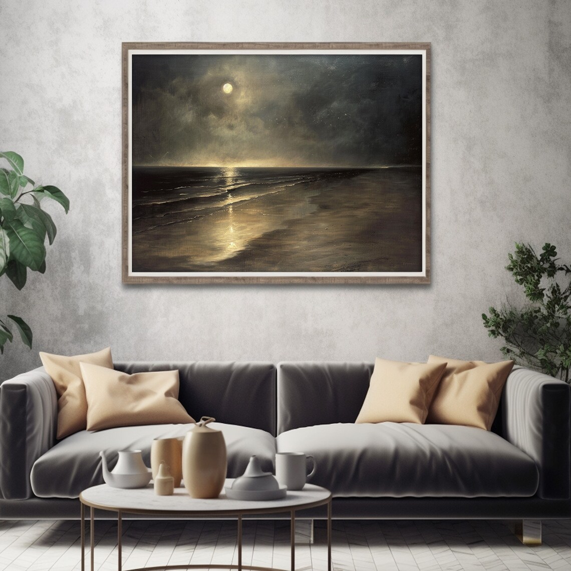 Moody Sea Calm Beach Moonlight Seascape Art Print - Image 4