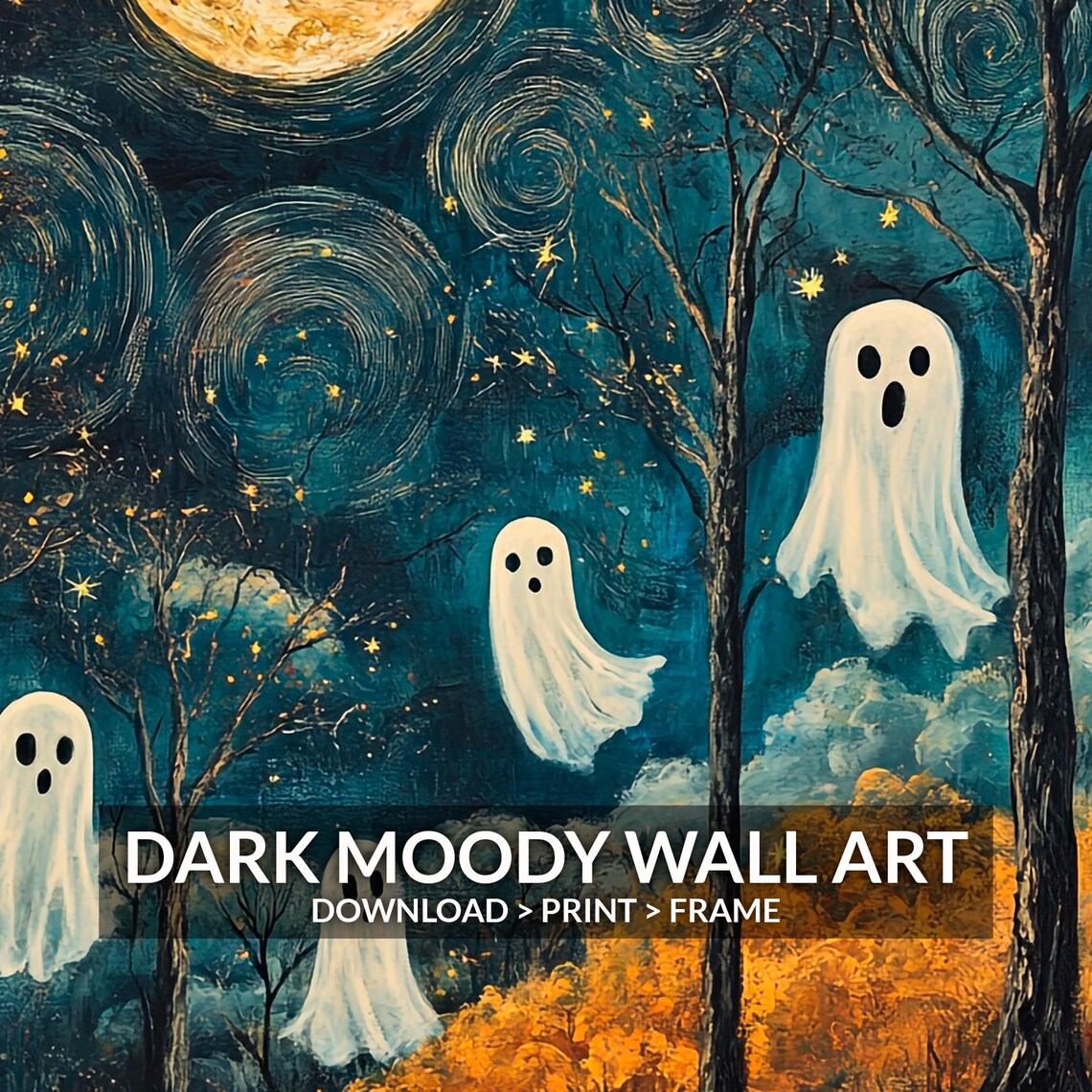 Cute Ghosts in Autumn Forest Under Crescent Moon Whimsical Halloween Poster - Image 6