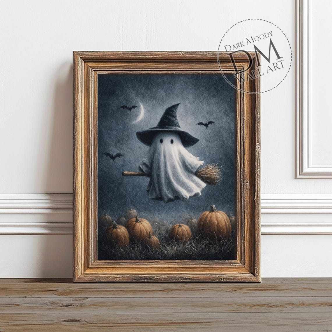 Pumpkin Patch Ghost Witch Hat Broom Cute Halloween Art Poster