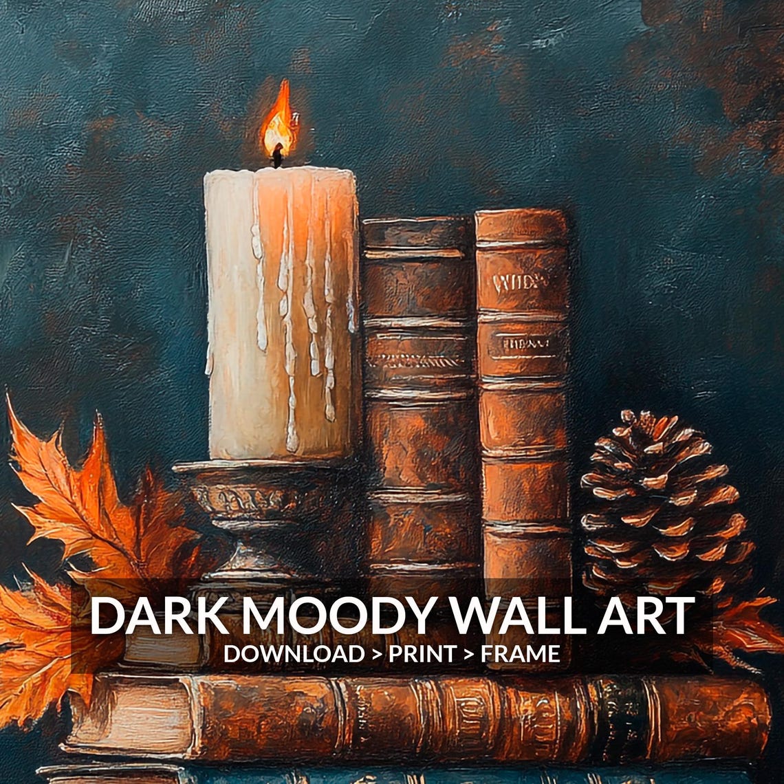 Vintage Books Candle Stack Autumn Leaves Moody Still Life Poster - Image 4