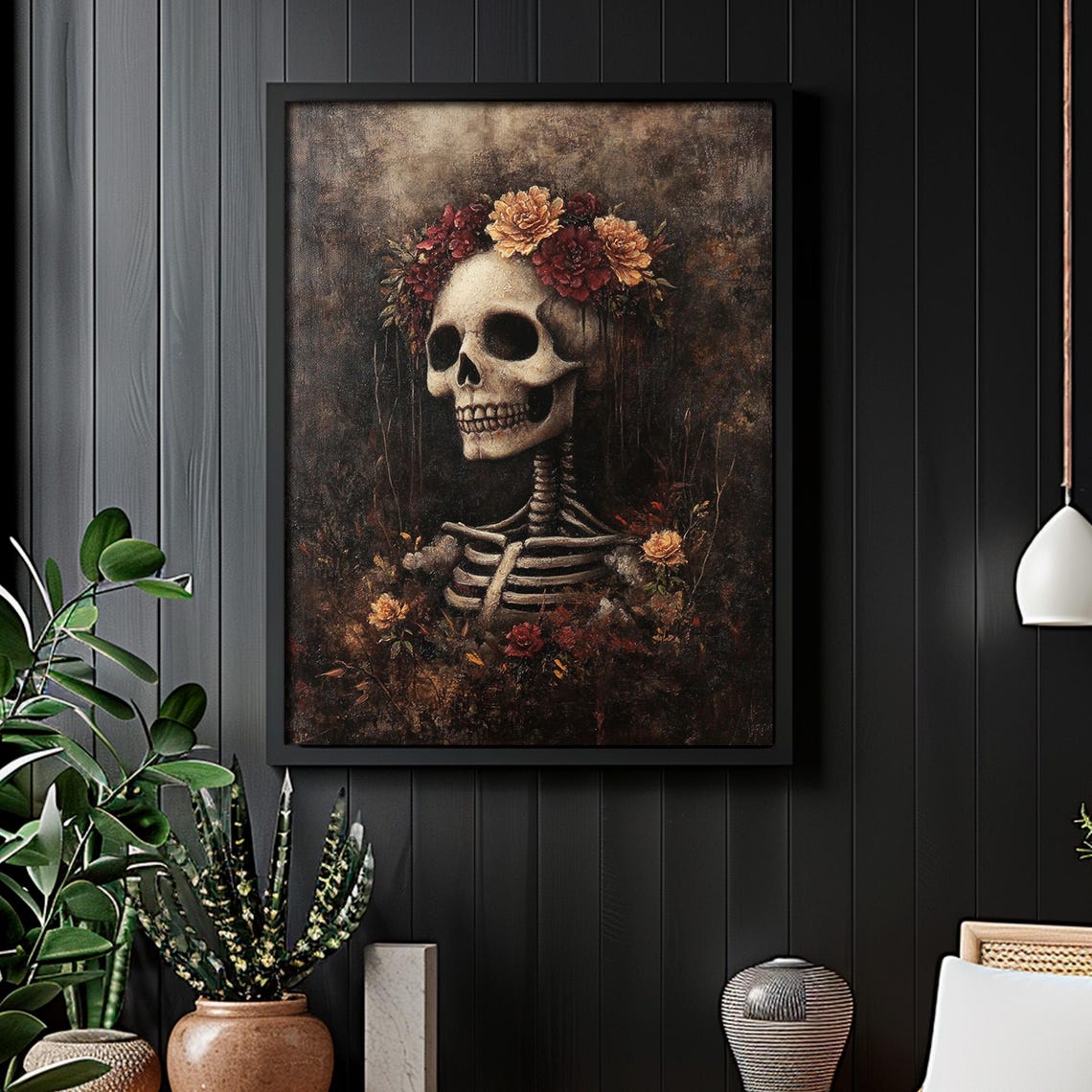 Skeleton Wearing Flower Crown Dark Romance Gothic Halloween Art Poster - Image 5