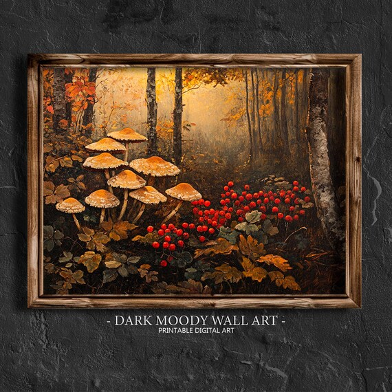 Wild Mushrooms and Red Berries in Golden Autumn Forest Oil Painting Poster