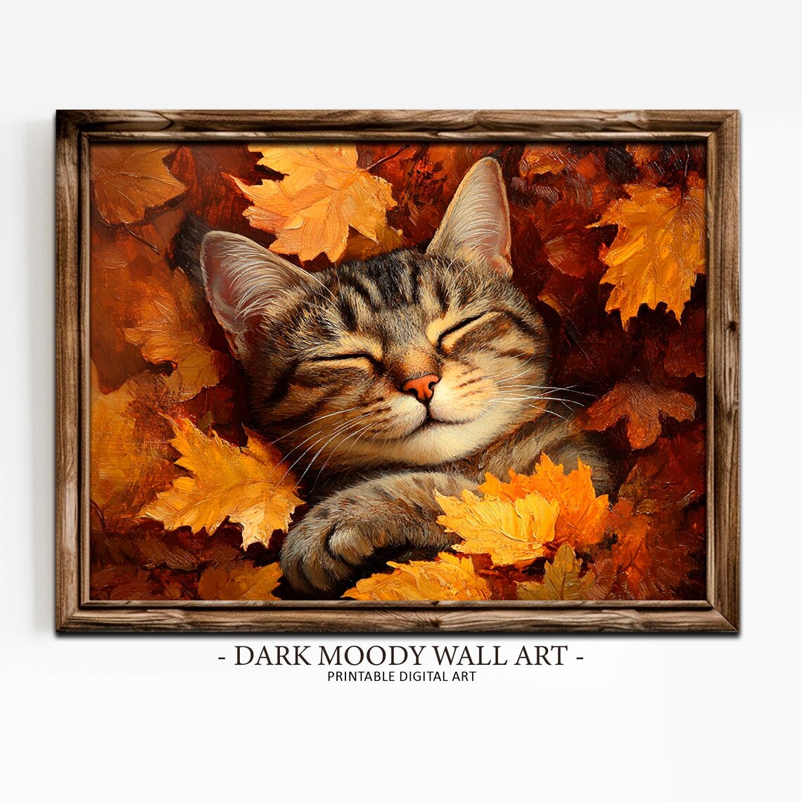 Sleepy Tabby Cat Autumn Maple Leaves Cozy Moody Portrait Poster - Image 4