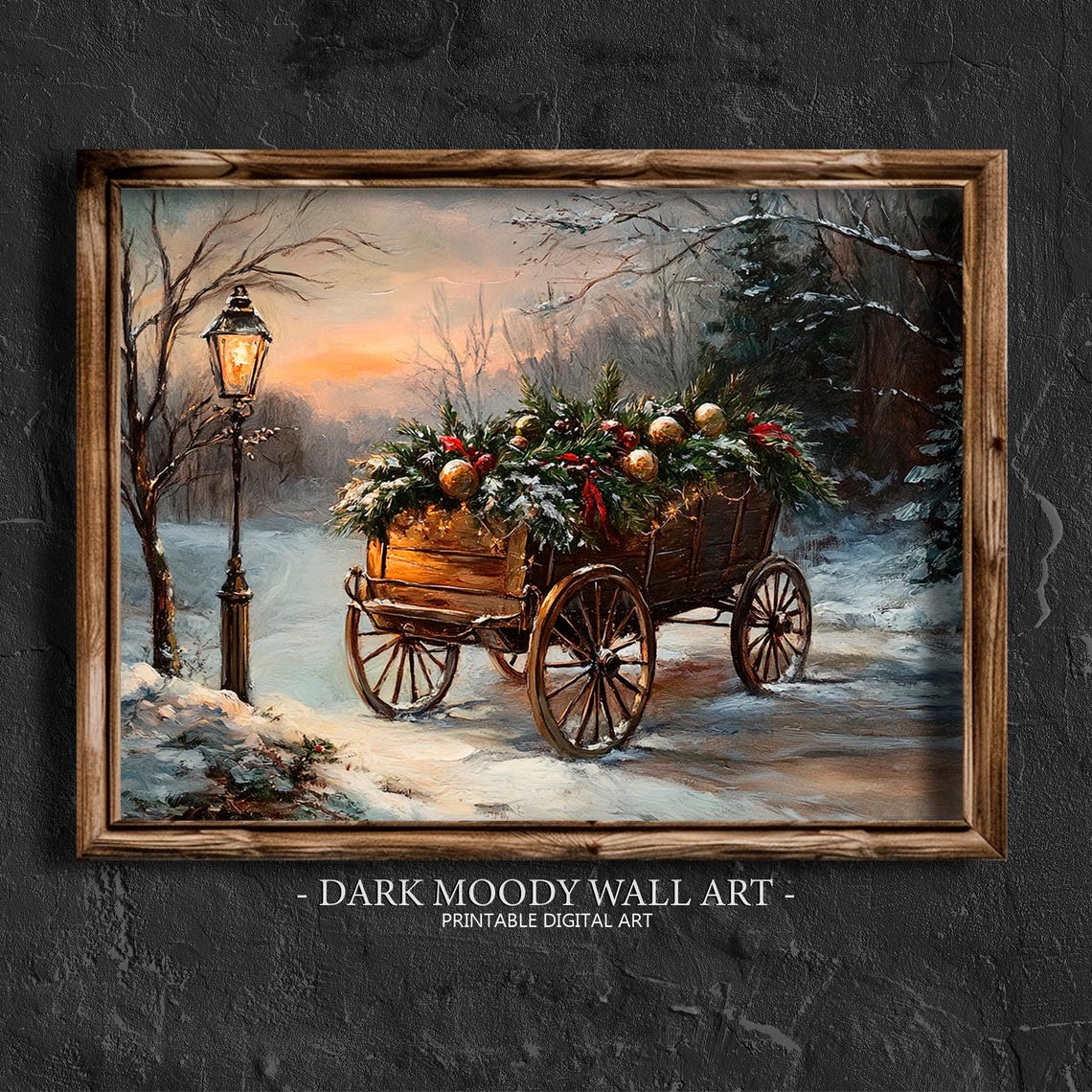 Christmas Cart With Greenery Beside Lamppost at Dusk Wall Art
