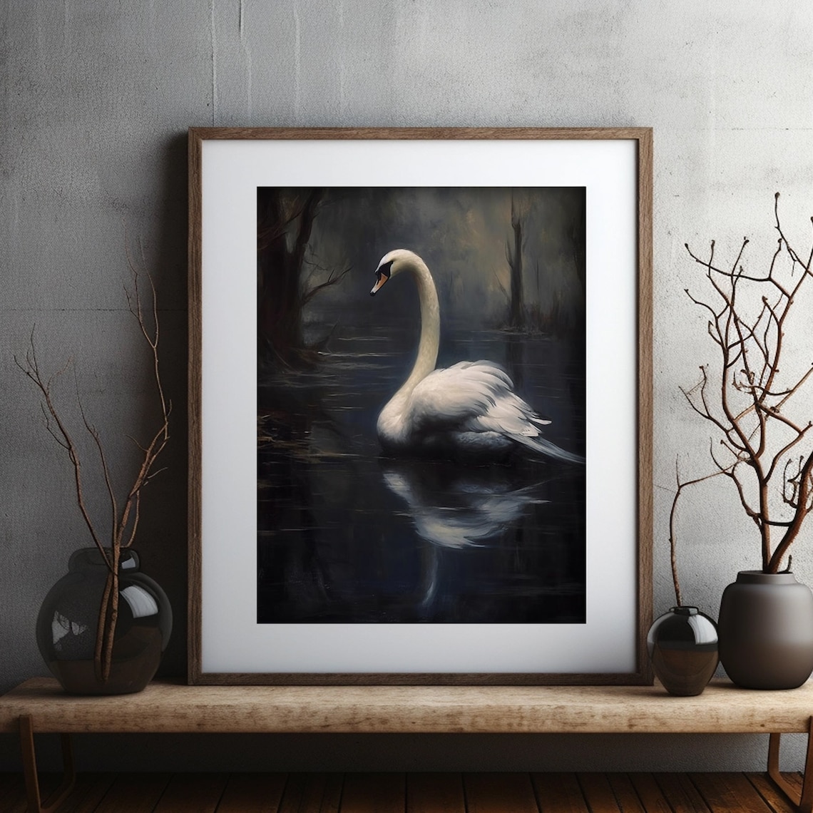 Antique White Swan Painting Dark Moody Wall Art Vintage Bird Print Dark Academia Decor Animal Oil Painting - Image 2