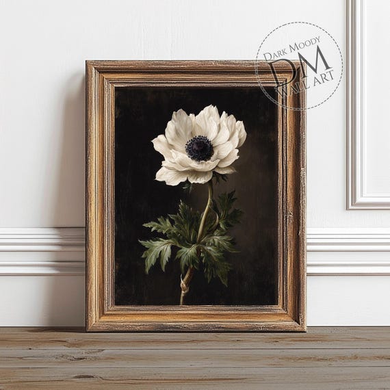 White Anemone Moody Gothic Floral Art Print