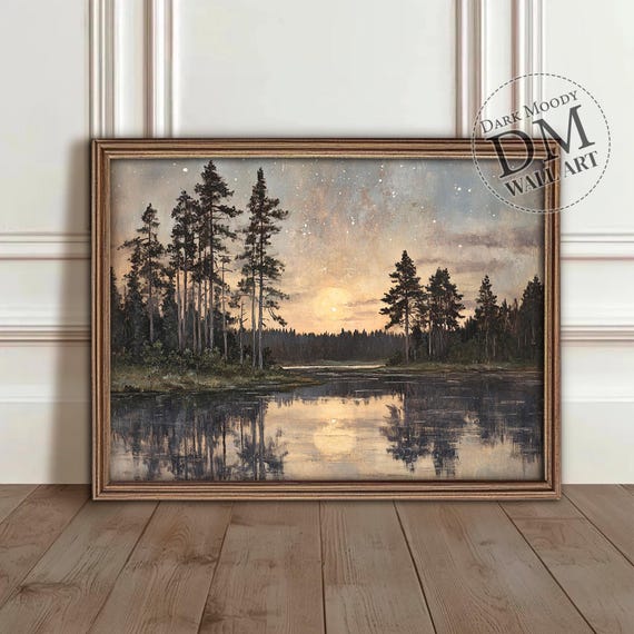 Scandinavian Forest Lake Wall Art Nordic Moonlit Landscape