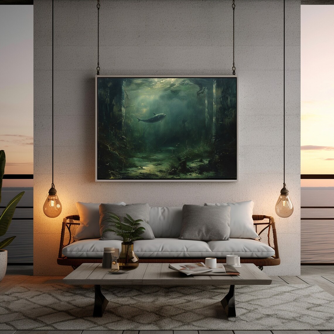 Ocean Underwater Seascape, Dolphin Painting - Image 5