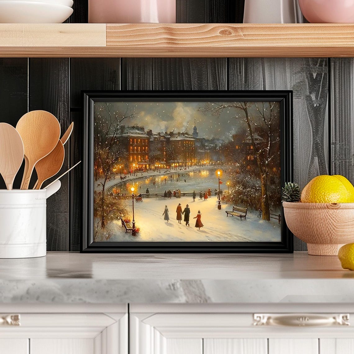 Victorian Winter Park Frozen Pond Skaters Night Glow Scene Poster - Image 4