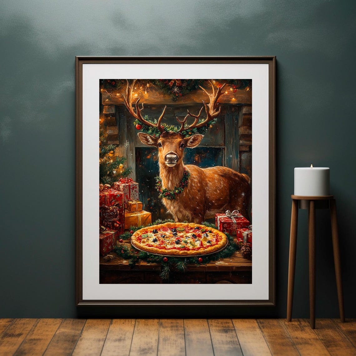 Festive Stag with Christmas Wreath and Pizza Whimsical Poster - Image 2