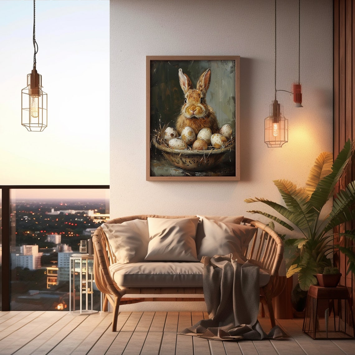 Bunny Rabbit Basket Speckled Eggs Vintage Easter Painting Poster - Image 2