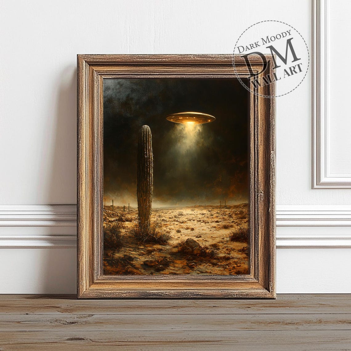 UFO Over Desert Cactus Night Painting Surreal Sci Fi Art Poster