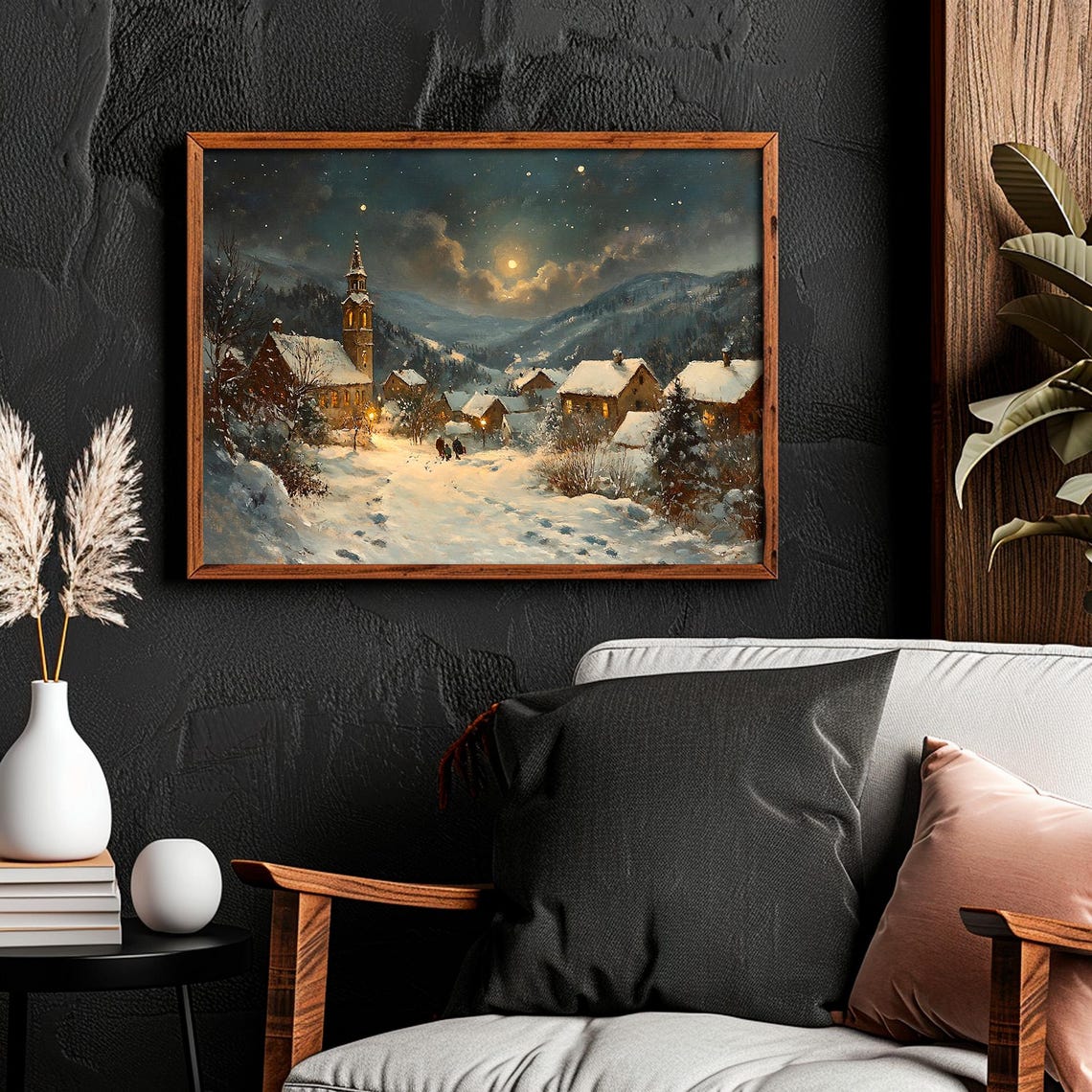 Snowy Village Church Starry Night Mountain Winter Painting Poster - Image 6