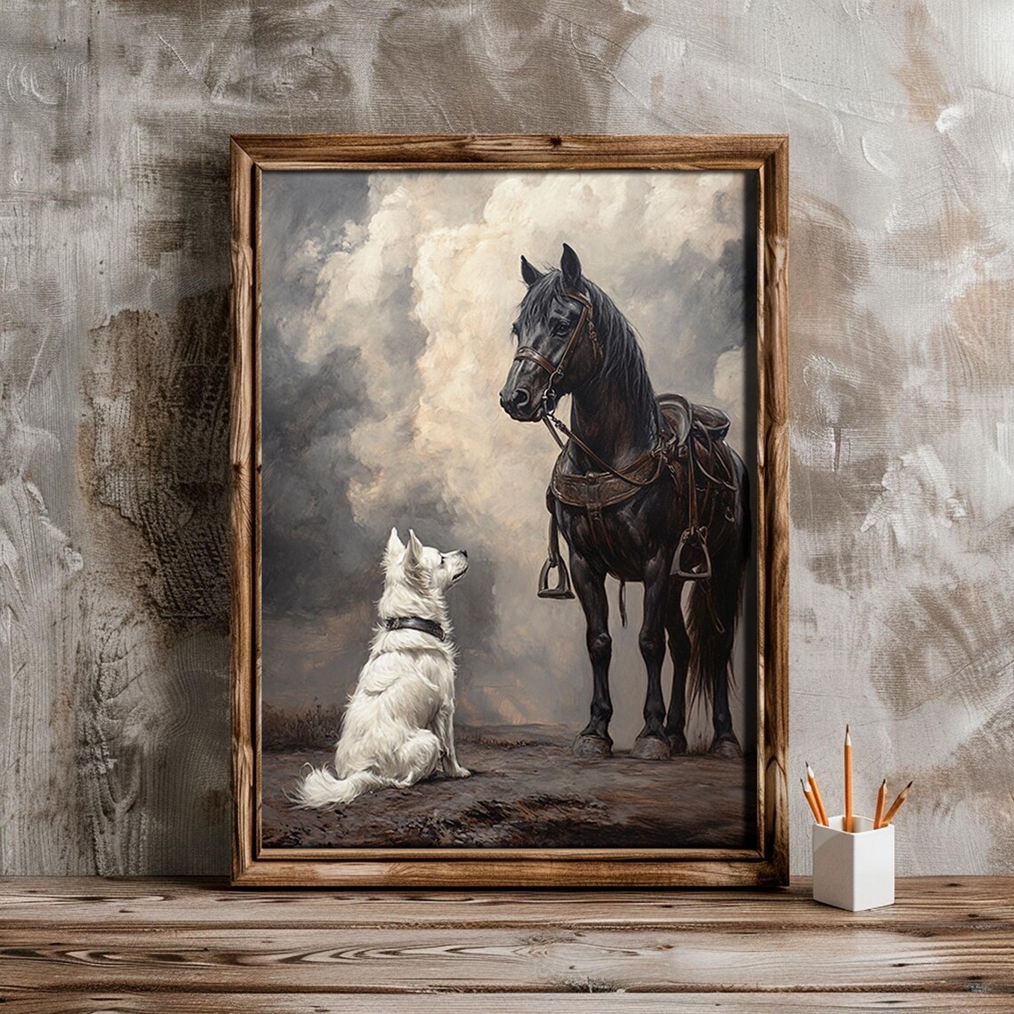 Black Horse And White Dog In Stormy Landscape Vintage Wall Art - Image 5