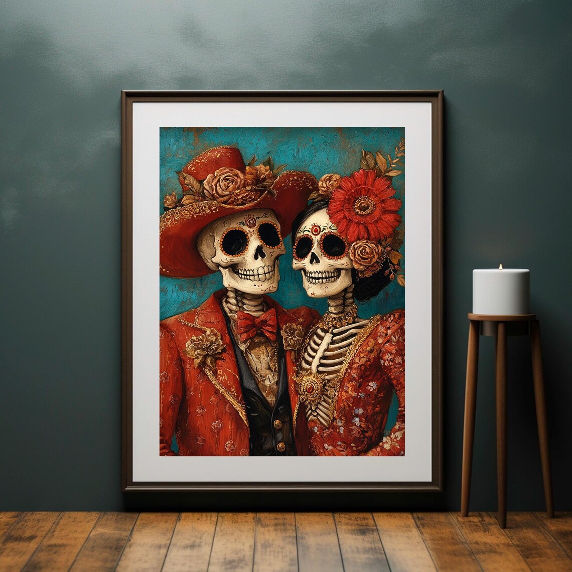Day of the Dead Skeleton Couple Red Suits Teal Sugar Skull Portrait Painting Poster - Image 2