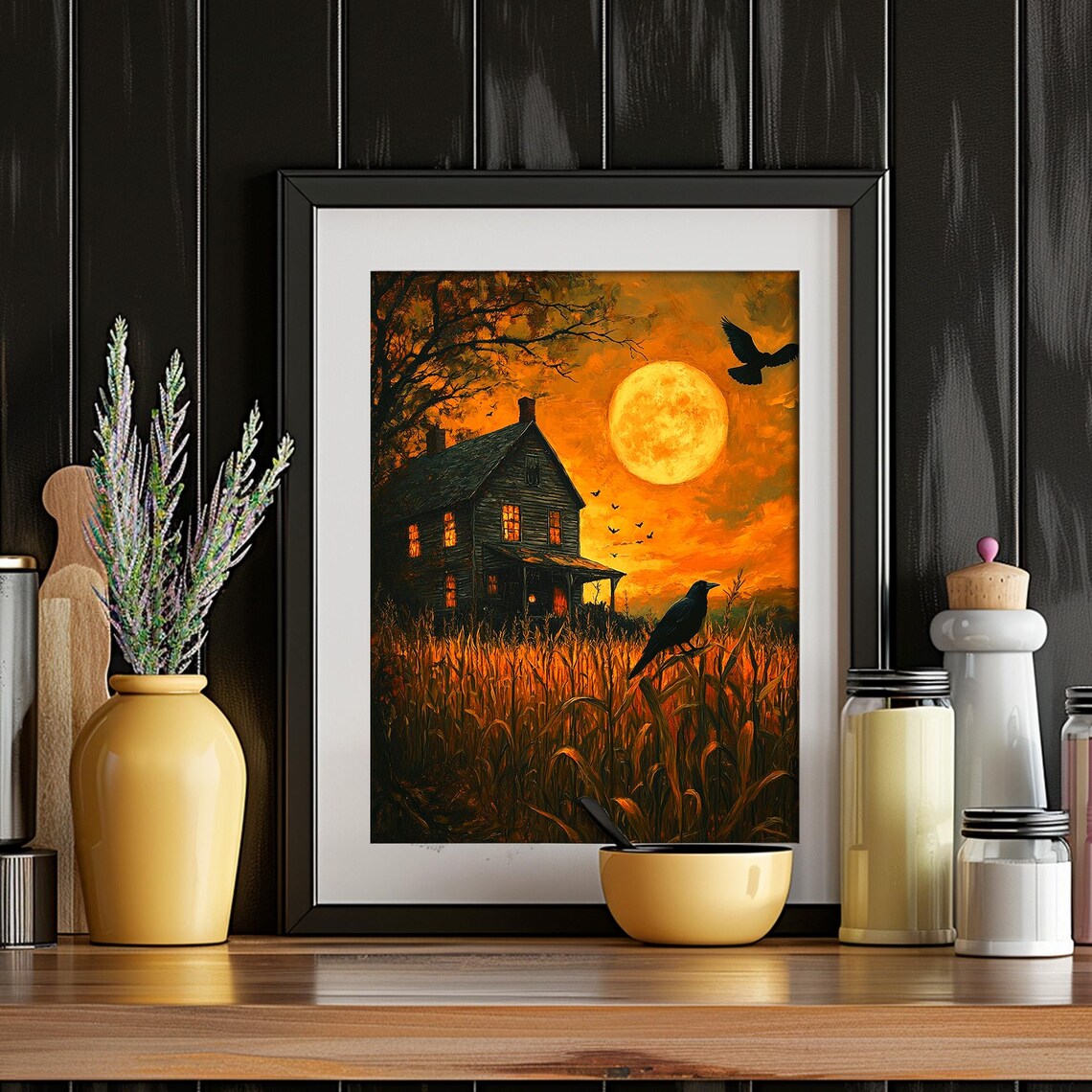 Haunted House in Cornfield With Crow Under Giant Full Moon Halloween Poster - Image 2