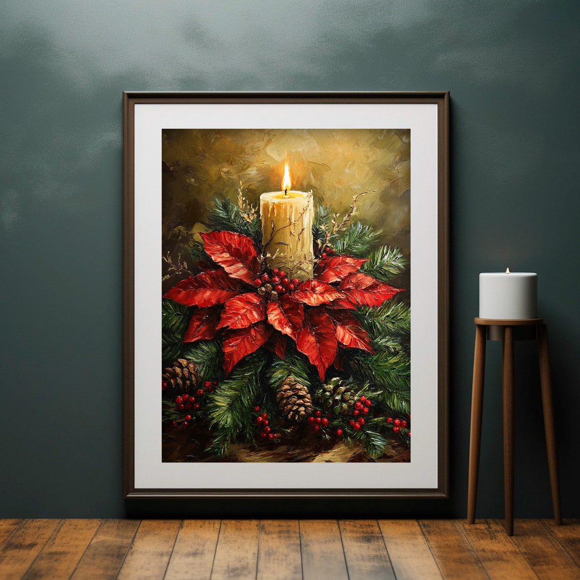 Christmas Candle Poinsettia Pinecones Holiday Still Life Poster - Image 4
