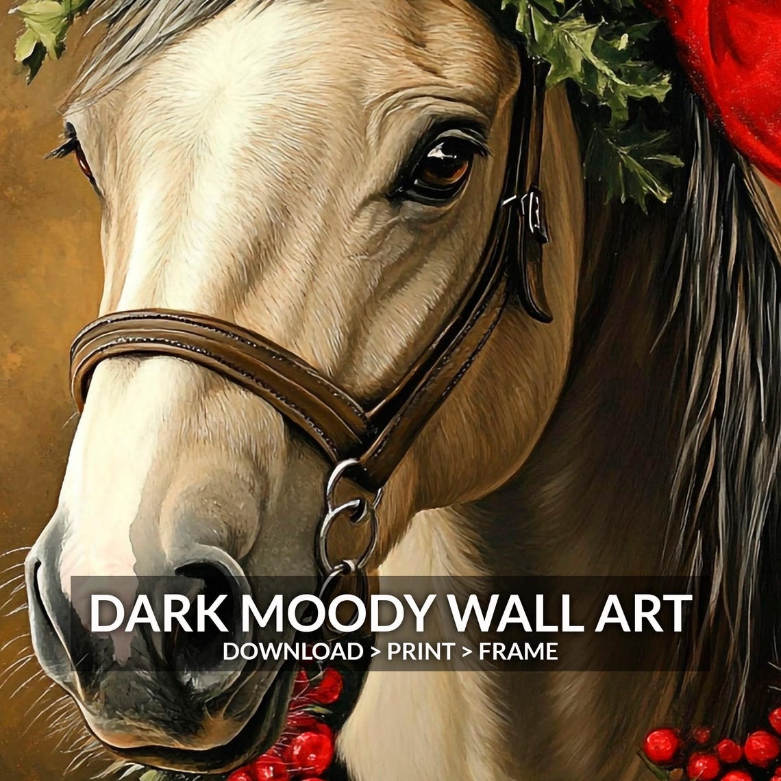 White Horse Wearing Santa Hat Holly Wreath Christmas Equestrian Poster - Image 2