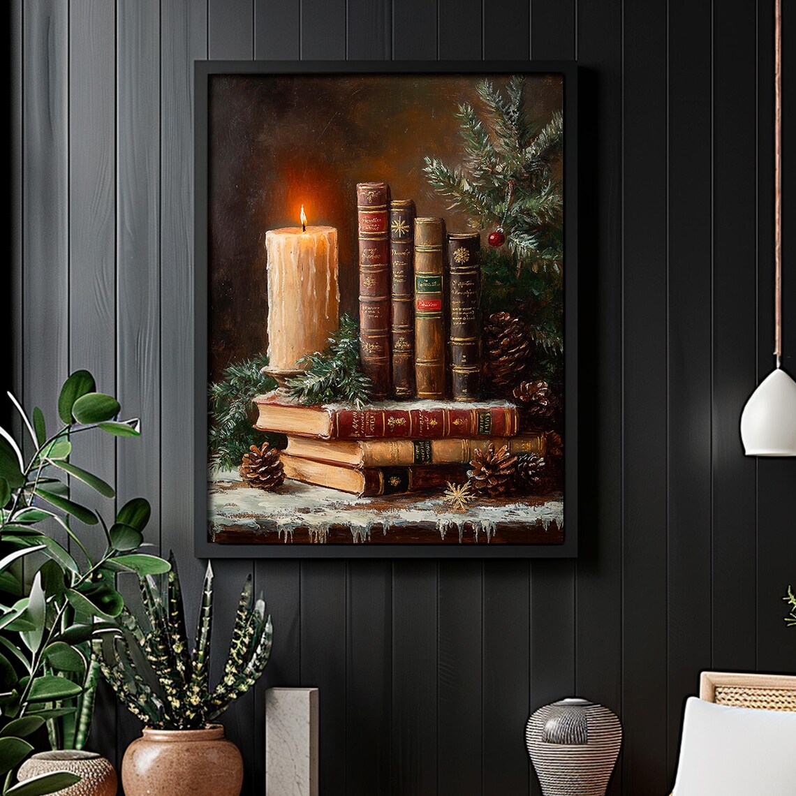 Christmas Book Stack With Candle, Vintage Art Print - Image 6
