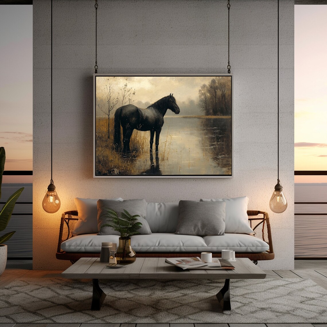 Black Horse Standing In Marsh Water Dark Moody Equine Painting Poster - Image 5