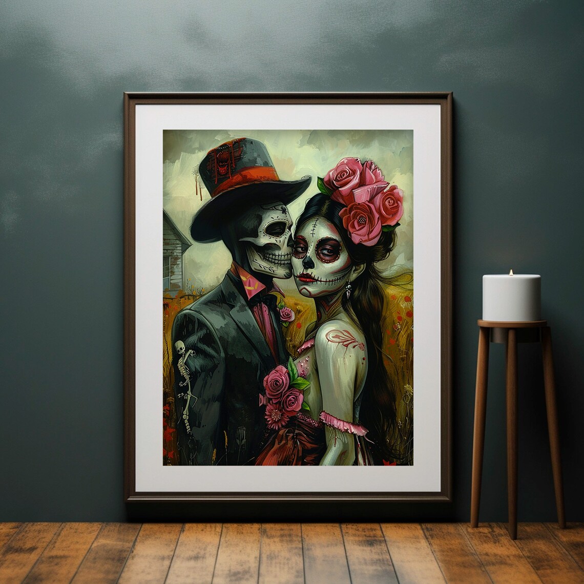 Day of Dead Skeleton Couple Embrace Pink Roses Romantic Painting Poster - Image 4
