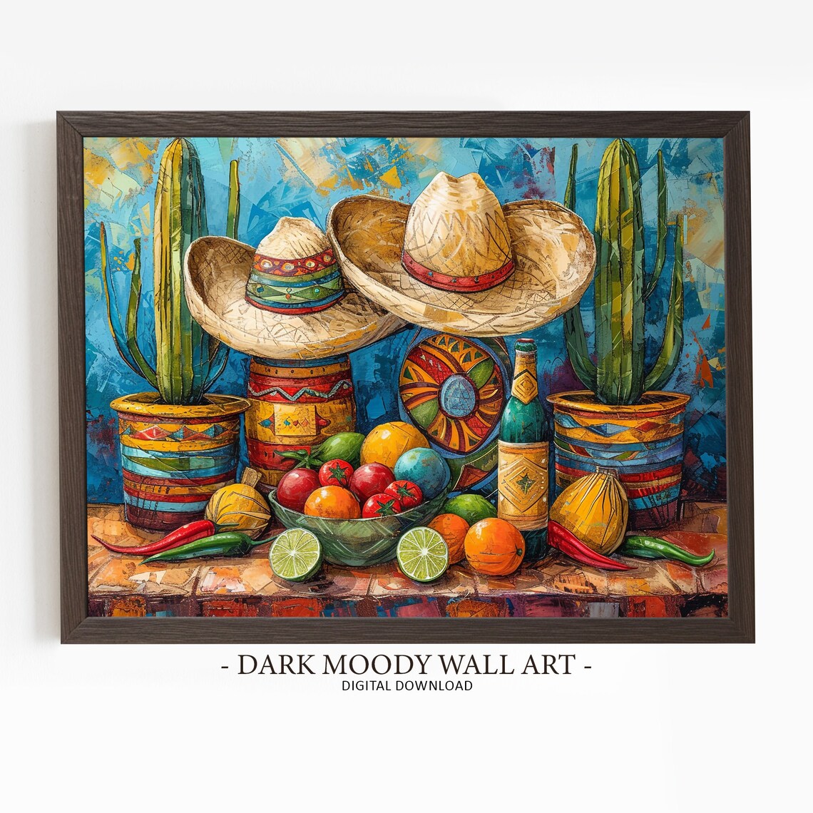 Vibrant Mexican Sombrero and Cactus Still Life Fiesta Art Poster
