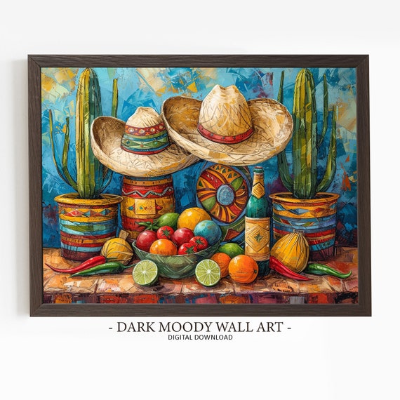 Mexican Still Life Wall Art Sombrero Cactus Kitchen Decor Print