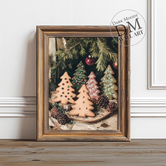 Moody Dark Christmas Tree Cookie Still Life Vintage Oil Painting Poster