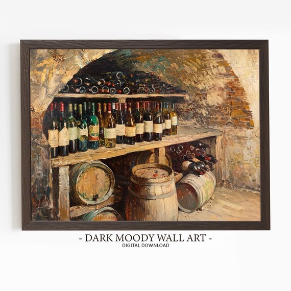 Old Stone Wine Cellar With Barrels and Bottles Rustic Bar Painting Poster