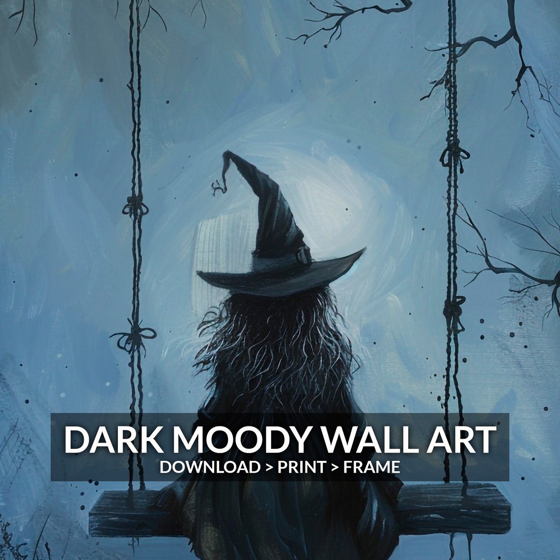 Lonely Witch On Swing Beneath Moonlit Night Gothic Art Print - Image 6
