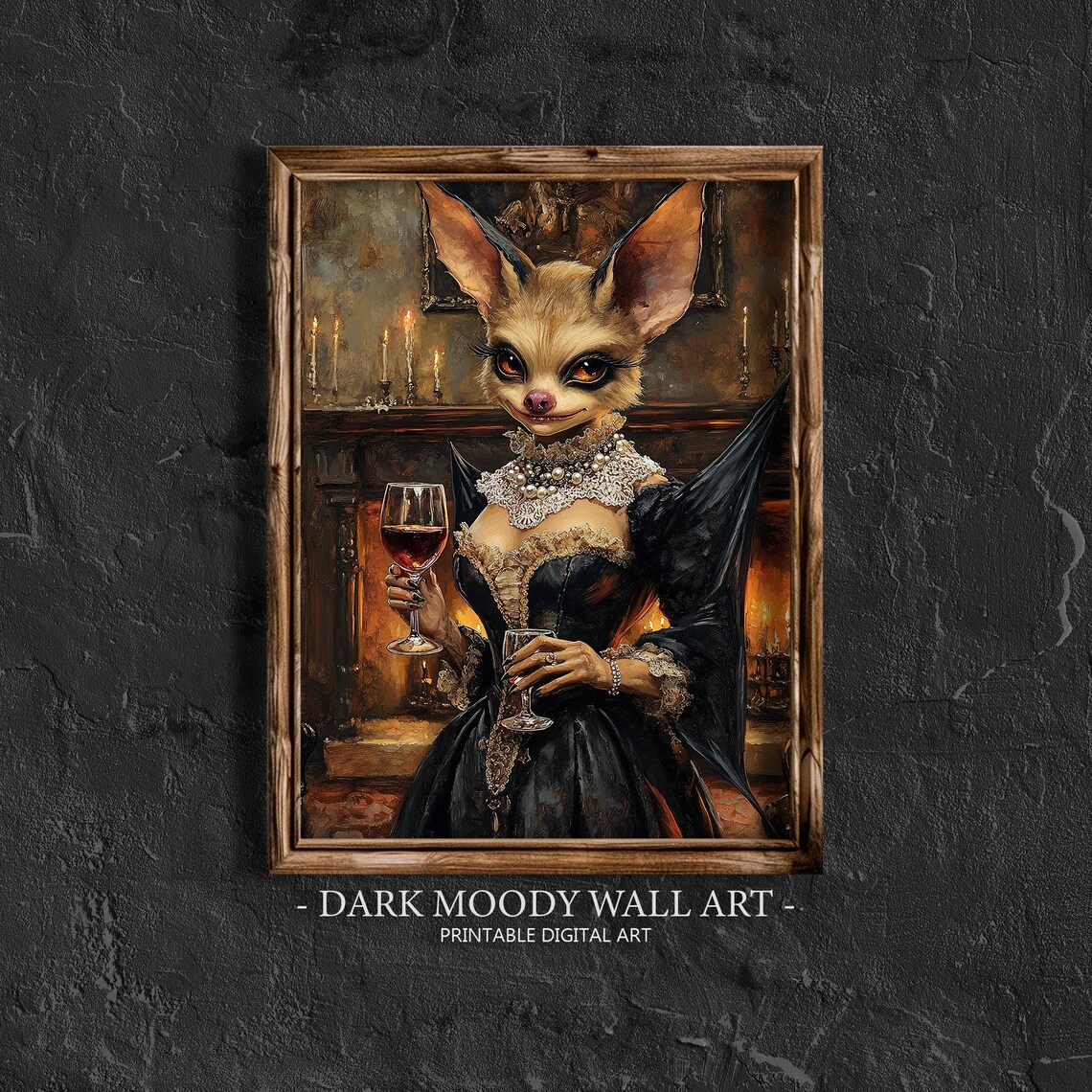 Gothic Bat Lady Black Gown Wine Glass Fireside Portrait Art Poster