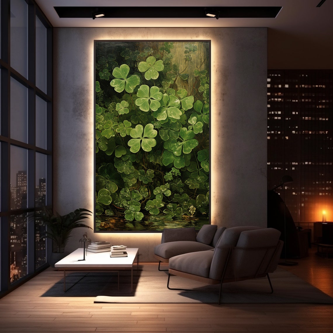 Green Shamrock Clover Patch Dark Moody Botanical Painting Poster - Image 2
