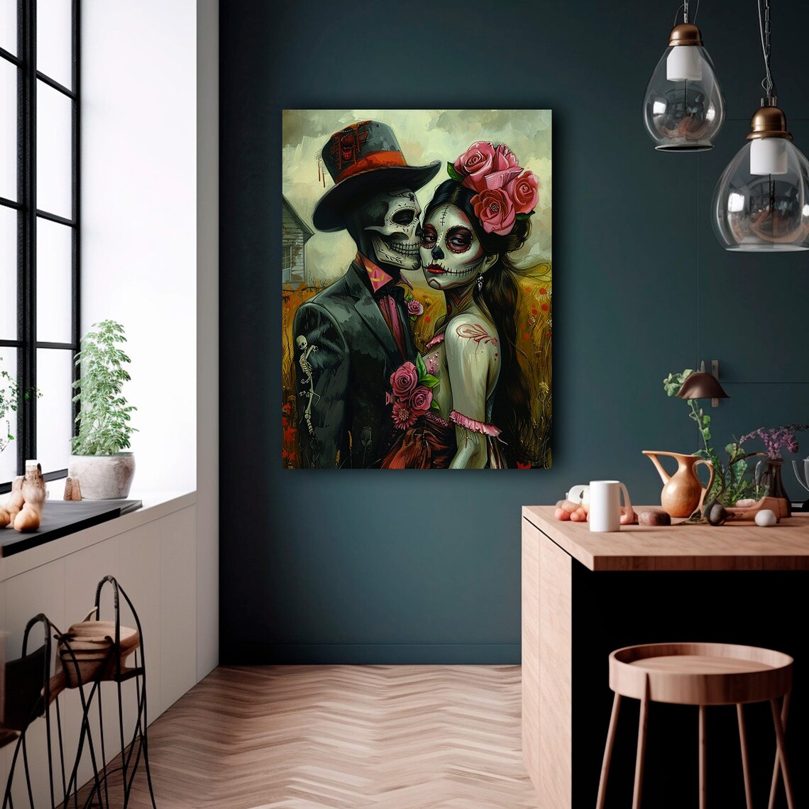 Day of Dead Skeleton Couple Embrace Pink Roses Romantic Painting Poster - Image 5